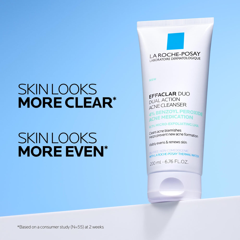 La Roche-Posay Effaclar Dual Acne Wash pump-action bottle in hand for easy daily use.