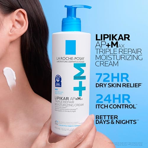 Lipikar AP+MAX cream texture close-up highlighting rich, non-greasy finish for very dry skin.