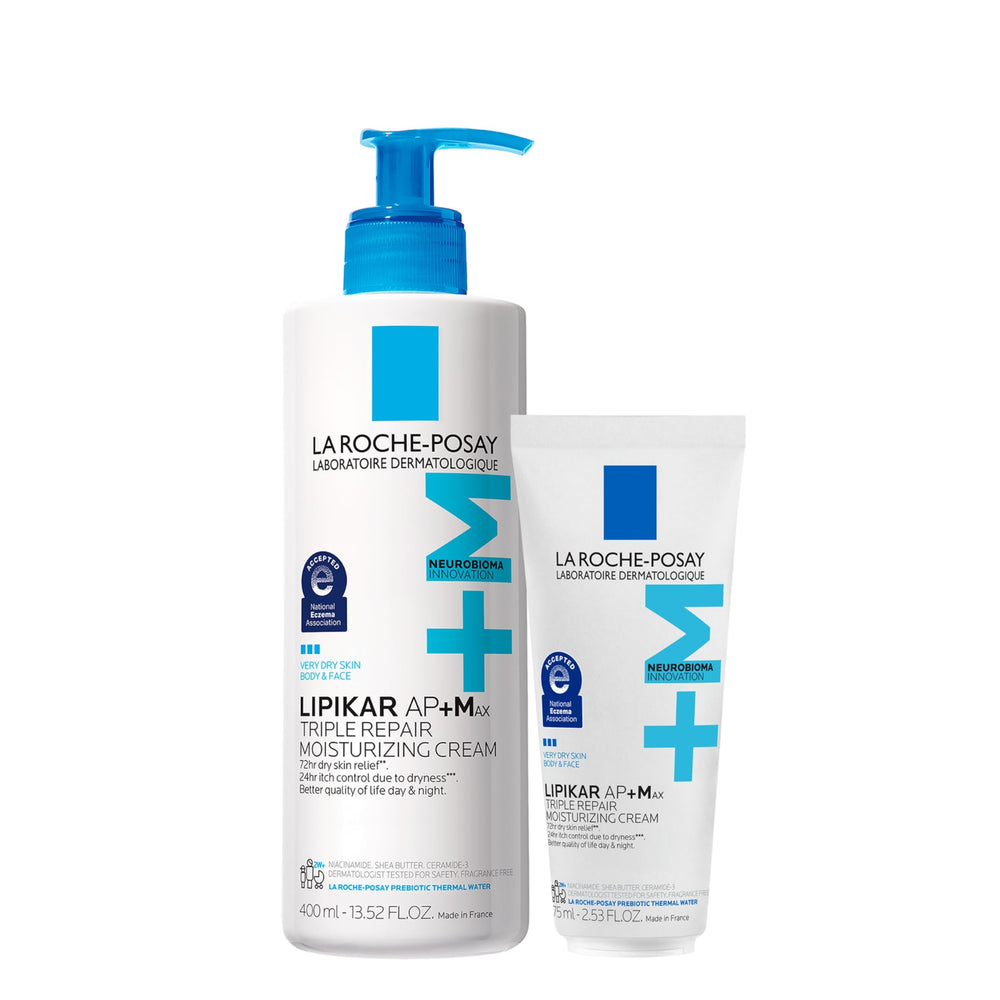 La Roche-Posay Lipikar AP+MAX bottle shown for triple repair efficiency and all-day hydration.