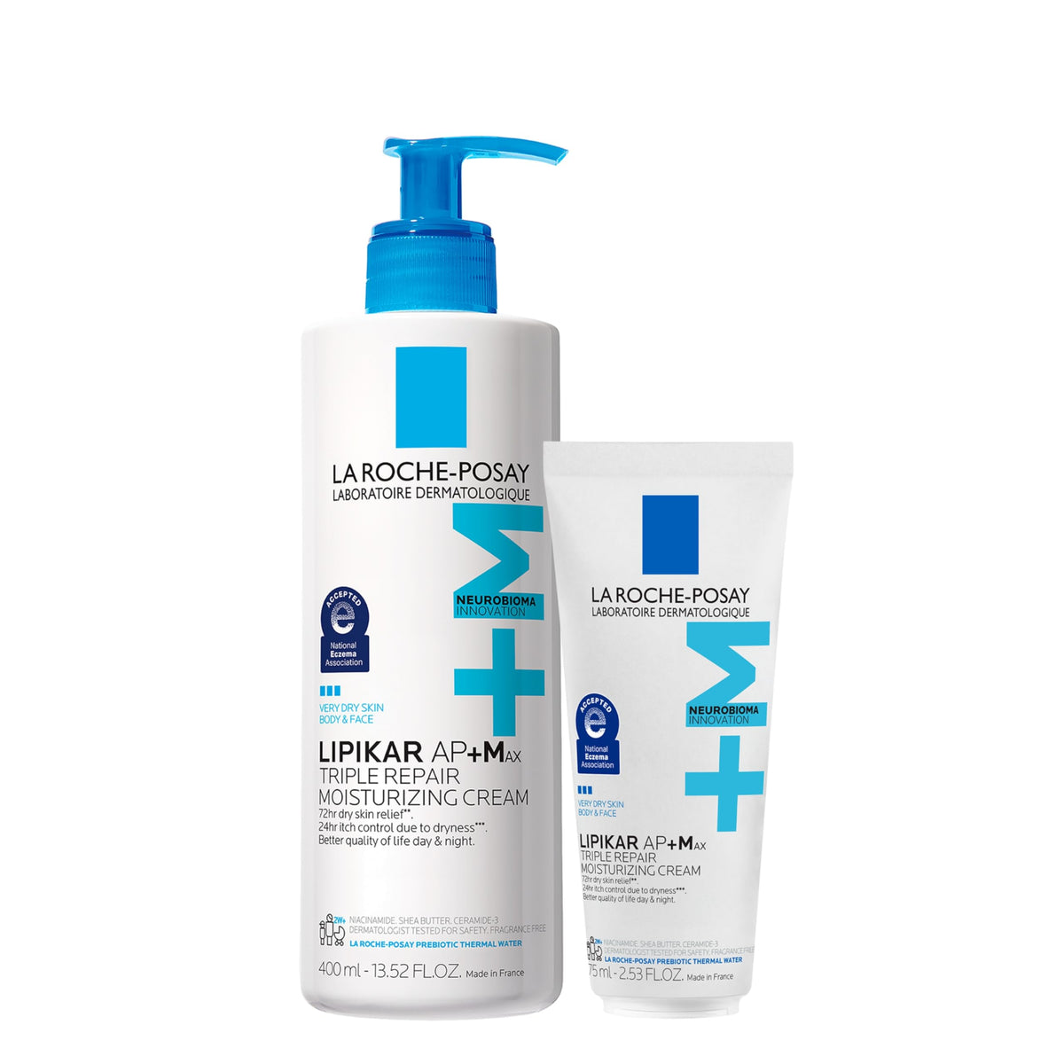 La Roche-Posay Lipikar AP+MAX bottle shown for triple repair efficiency and all-day hydration.