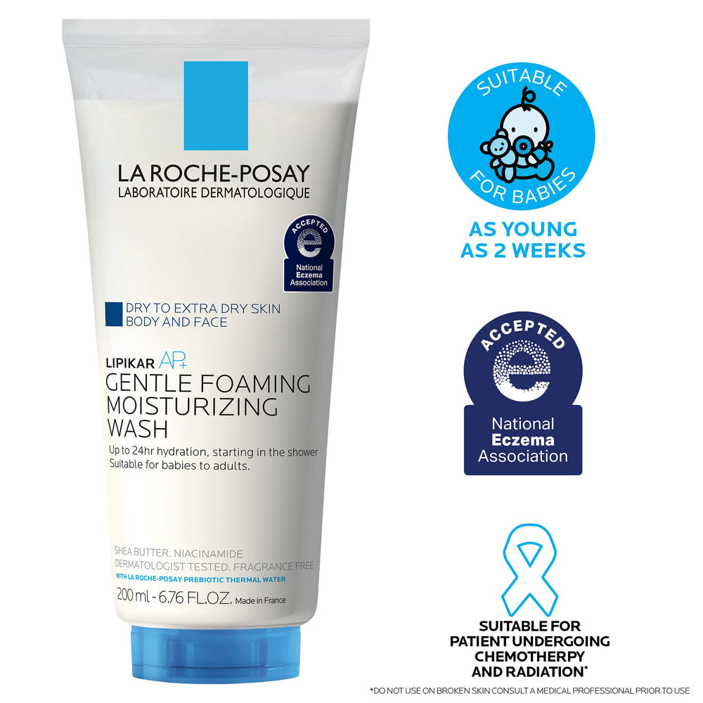 Lipikar AP+ fragrance-free cleanser reduces irritation during shower.