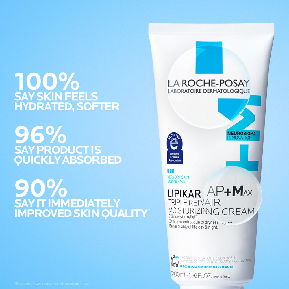 Fragrance-free Lipikar AP+MAX packaging signals sensitive-skin safety.