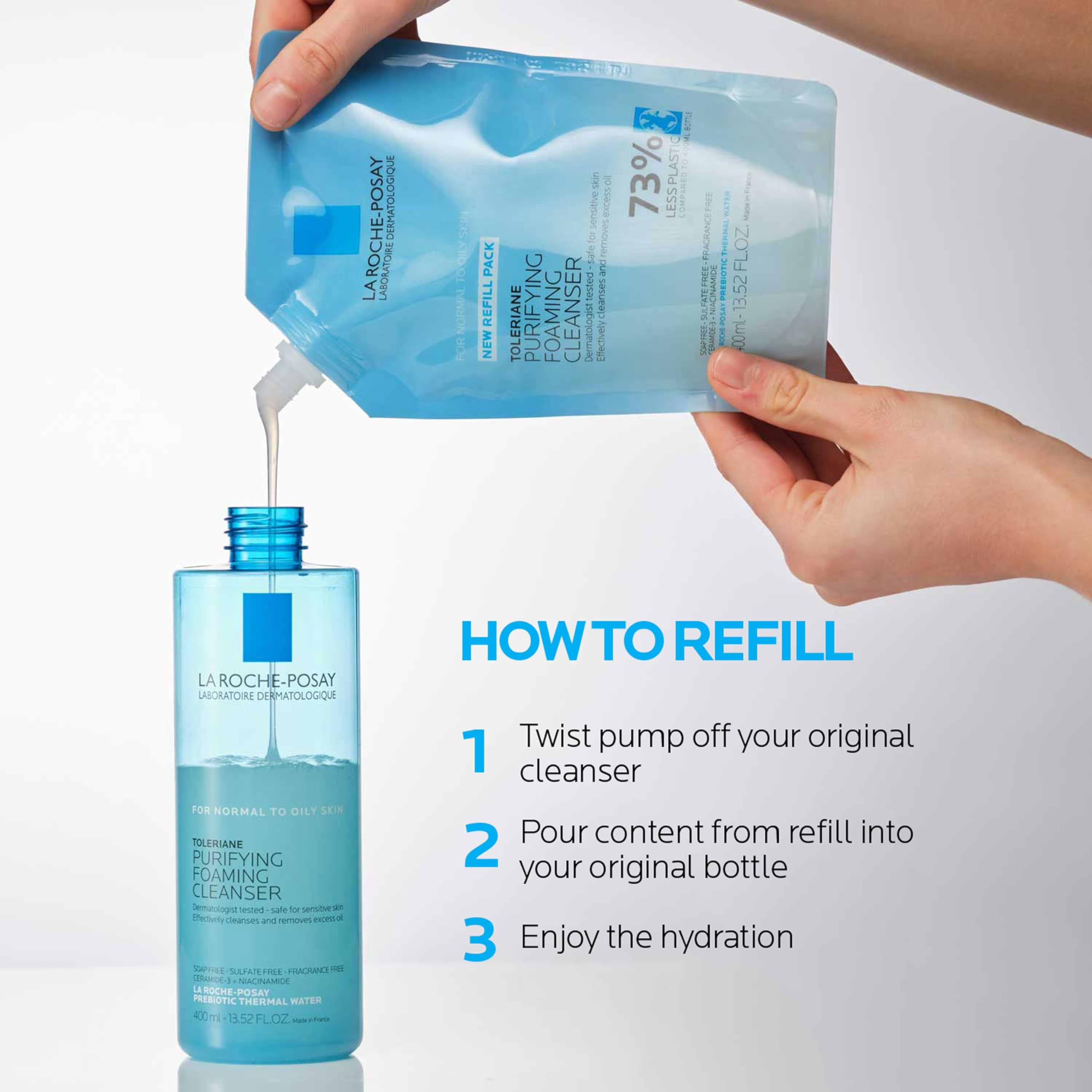 La Roche-Posay Purifying Cleanser badge indicating soap-free and fragrance-free.