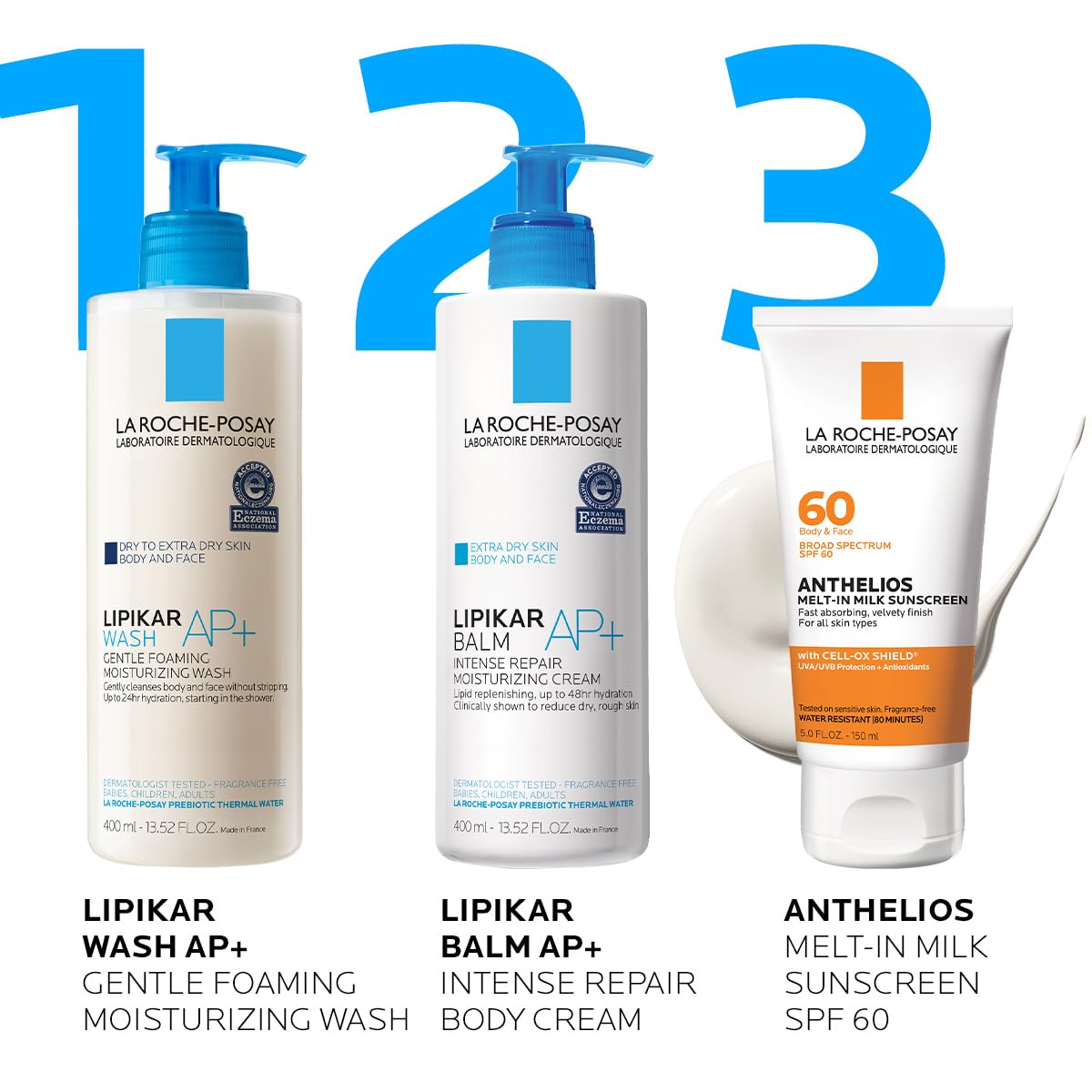 La Roche-Posay Melt-In Milk water resistance icon indicates 80-minute protection during activity.