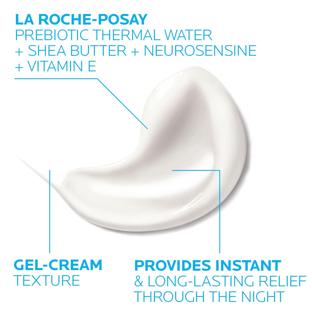 La Roche-Posay Dermallergo Night cream texture close-up for smooth gel-cream feel.