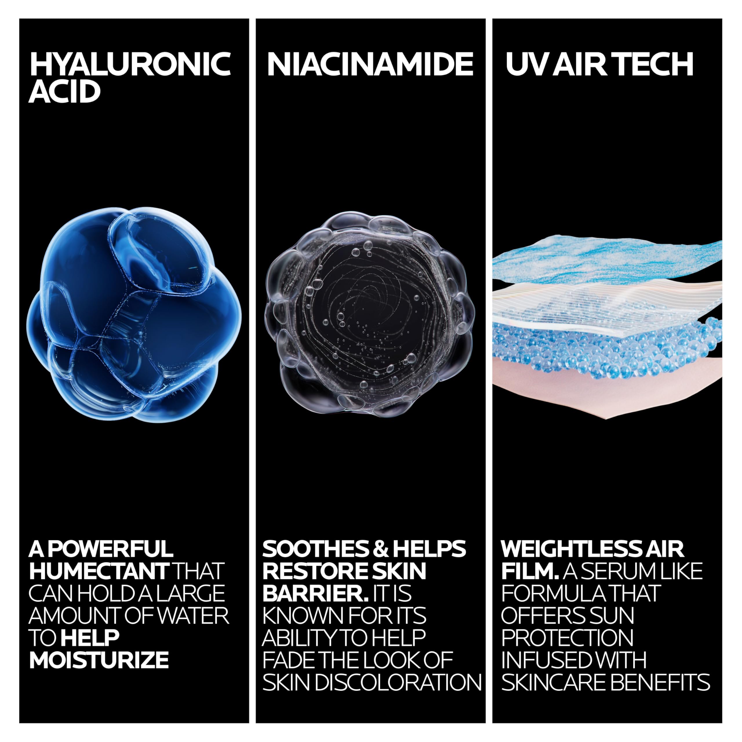La Roche-Posay UV Air niacinamide benefits visible on packaging.