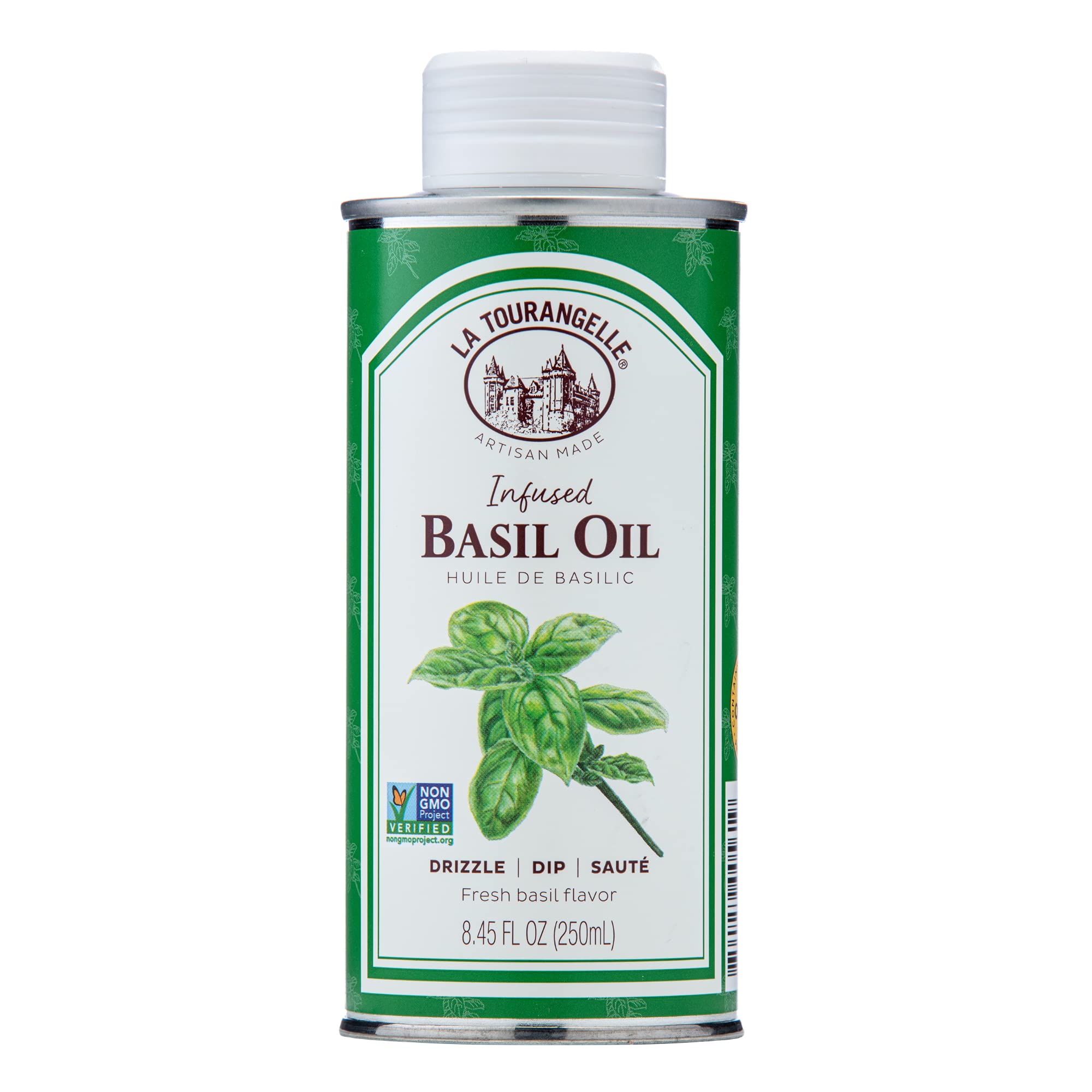 La Tourangelle Basil Infused Oil bottle pouring to finish a fresh salad.