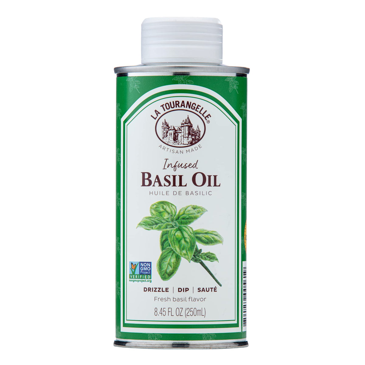 La Tourangelle Basil Infused Oil bottle pouring to finish a fresh salad.