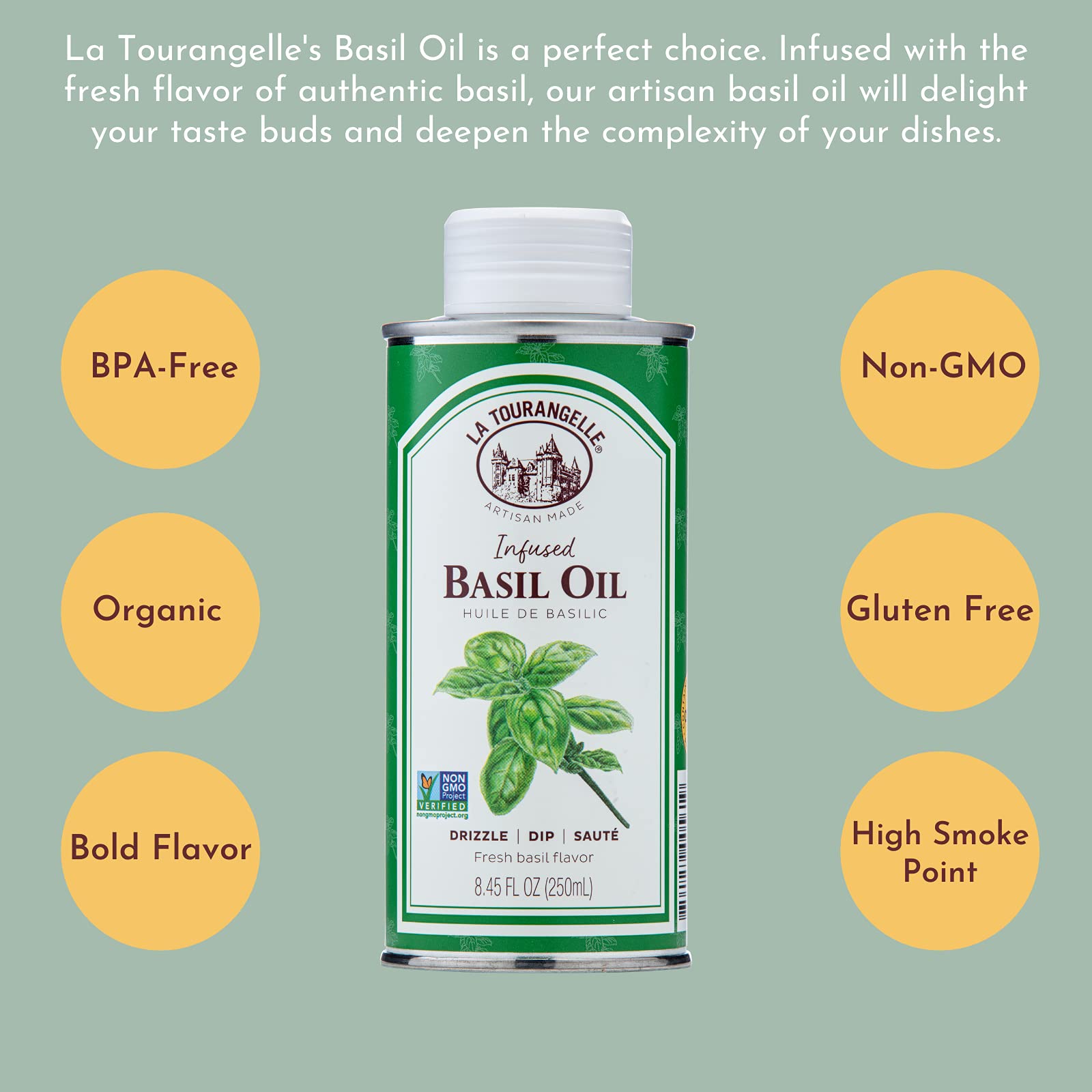 La Tourangelle Basil Infused Oil bottle shown with grilled chicken for flavor.