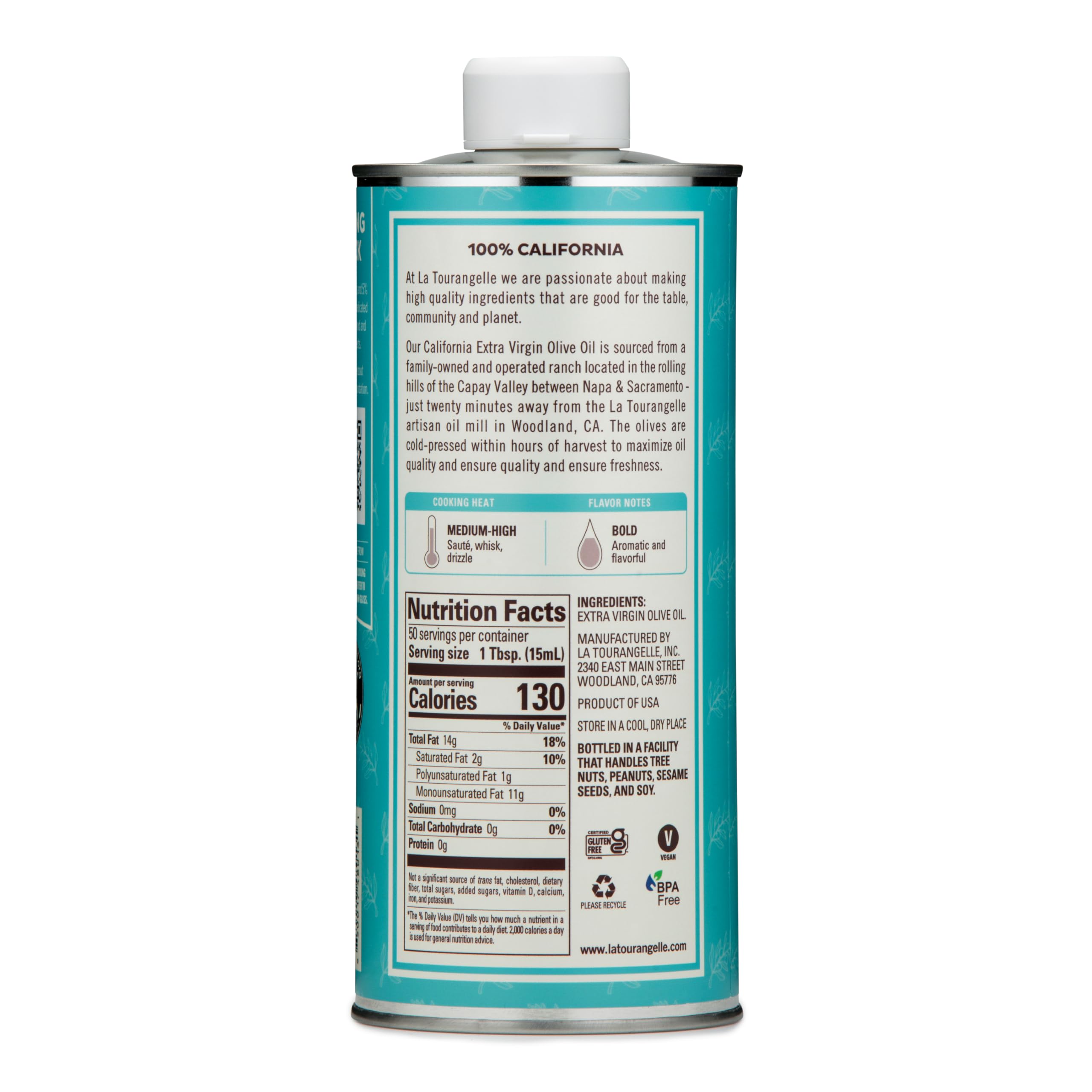 La Tourangelle California Olive Oil label shows single-origin quality for authentic dishes.
