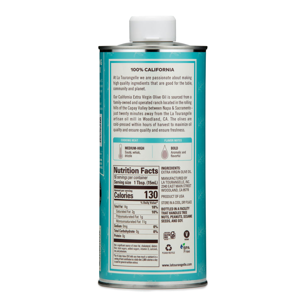 La Tourangelle California Olive Oil label shows single-origin quality for authentic dishes.