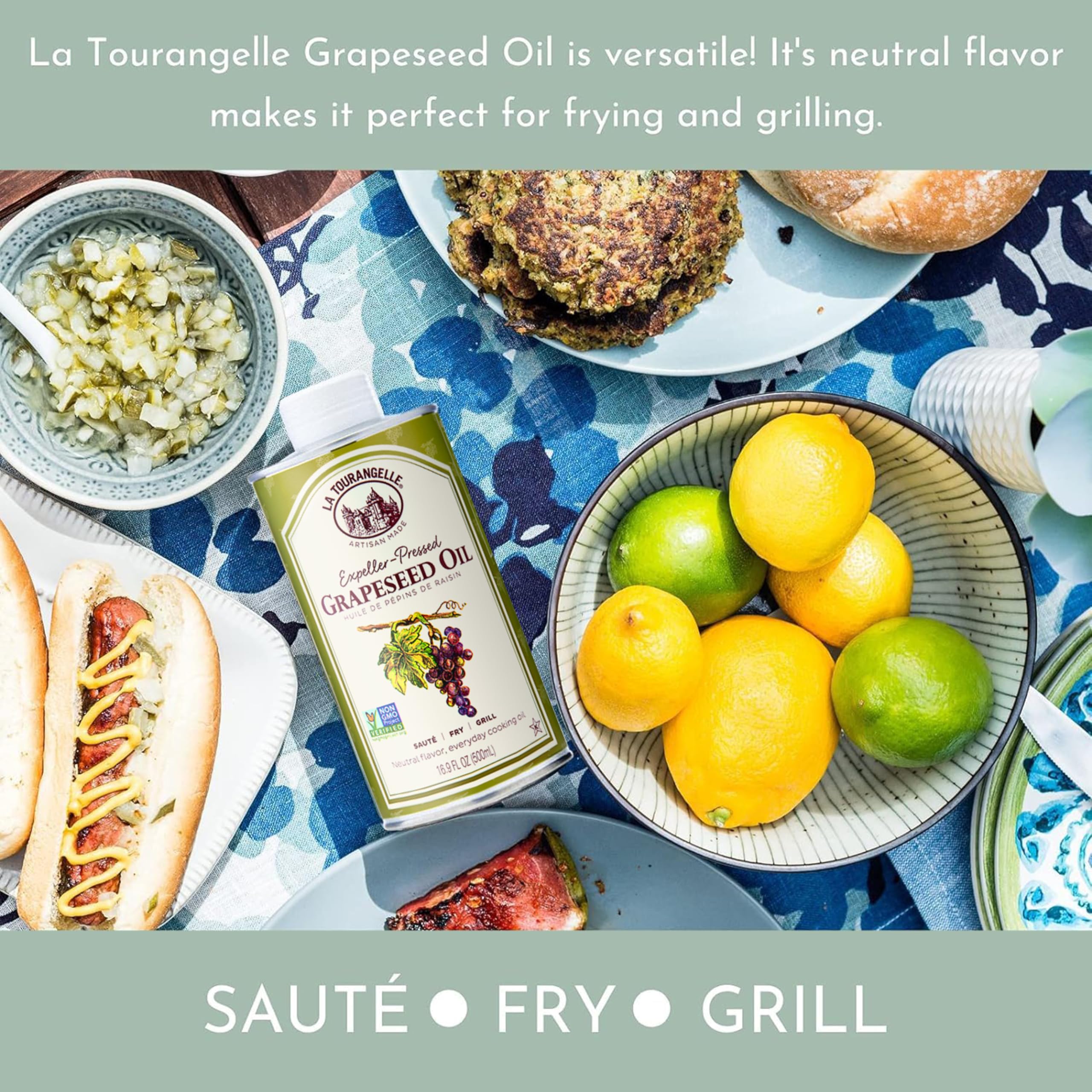 La Tourangelle Grapeseed Oil on the grill with sizzling foods.