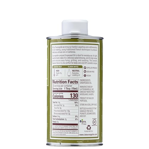 La Tourangelle Grapeseed Oil label close-up showcasing premium ingredients.