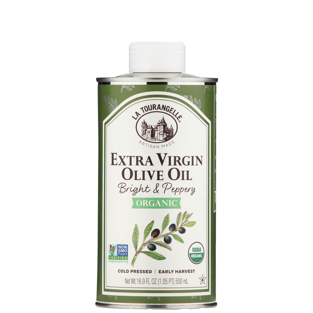 La Tourangelle EVOO in a dish showing drizzle for salads and marinades.