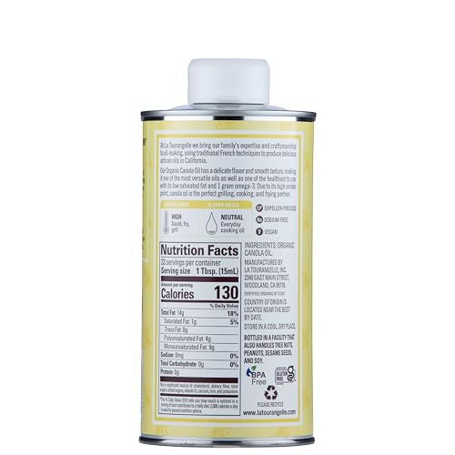 La Tourangelle Organic Canola Oil bottle on counter for versatile dressings.