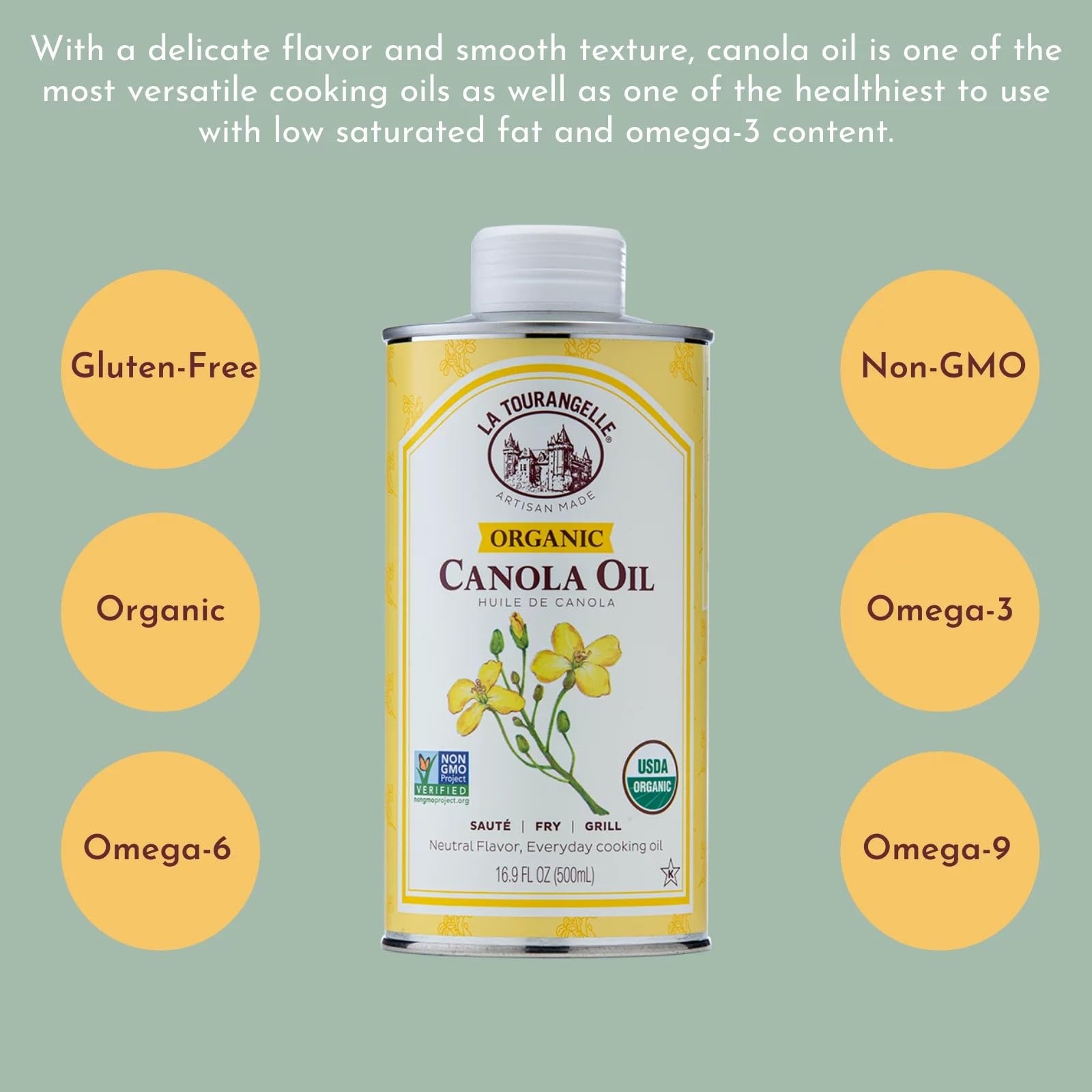 La Tourangelle Organic Canola Oil in a skillet for sautéing.