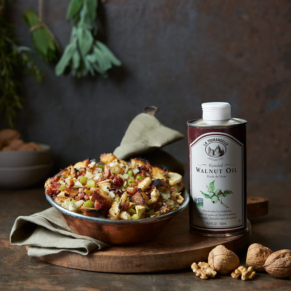 La Tourangelle Roasted Walnut Oil finishing roasted vegetables.