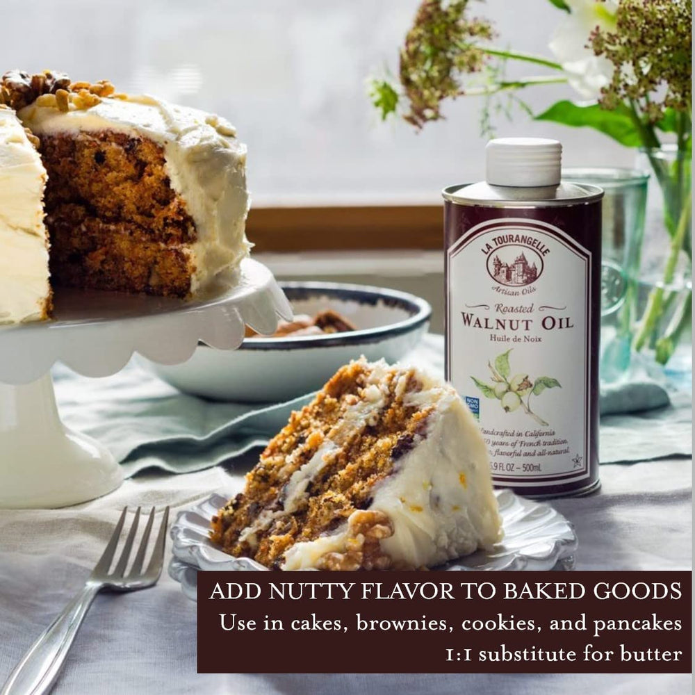 La Tourangelle Roasted Walnut Oil bottle in beauty routine setup.