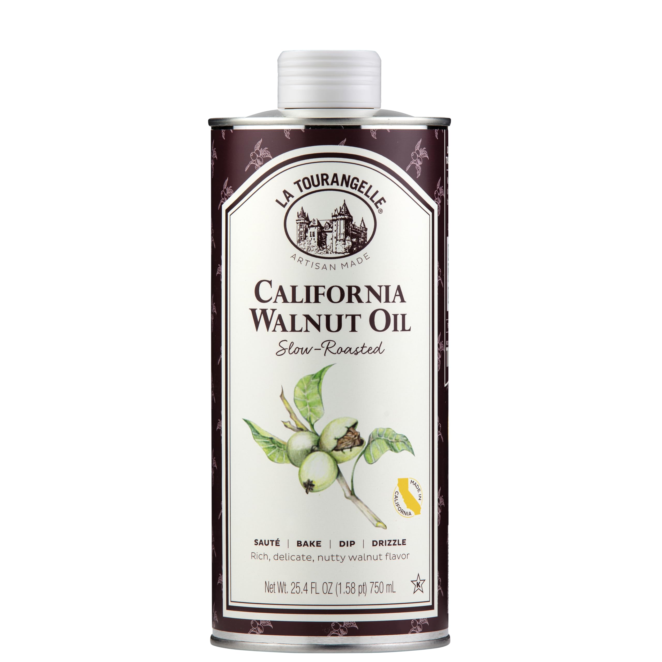 La Tourangelle Roasted Walnut Oil bottle pouring, adds nutty depth to dishes.