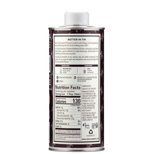 La Tourangelle Roasted Walnut Oil label close-up showcases artisan quality.