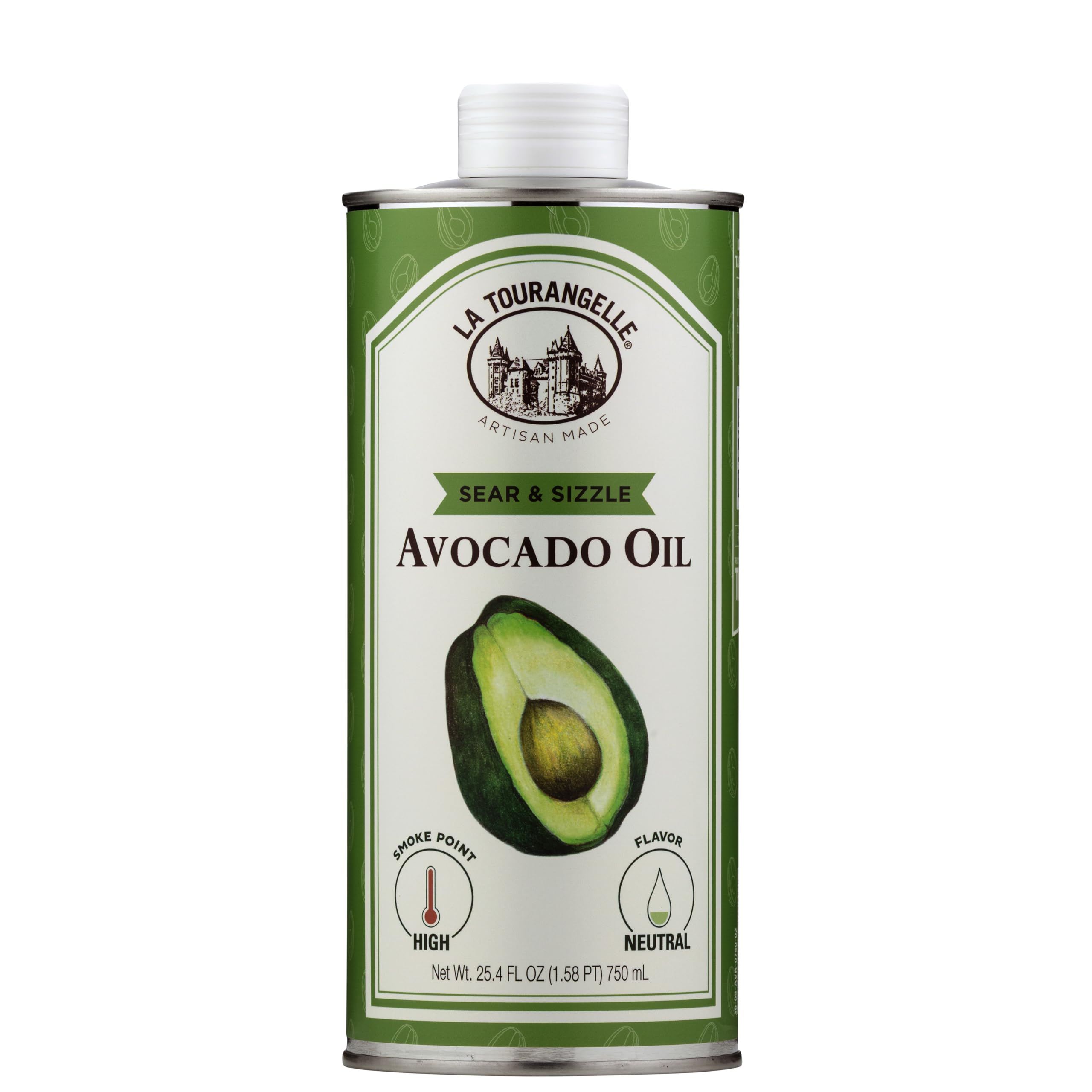 La Tourangelle Sear & Sizzle avocado oil bottle pour for high-heat cooking and searing.