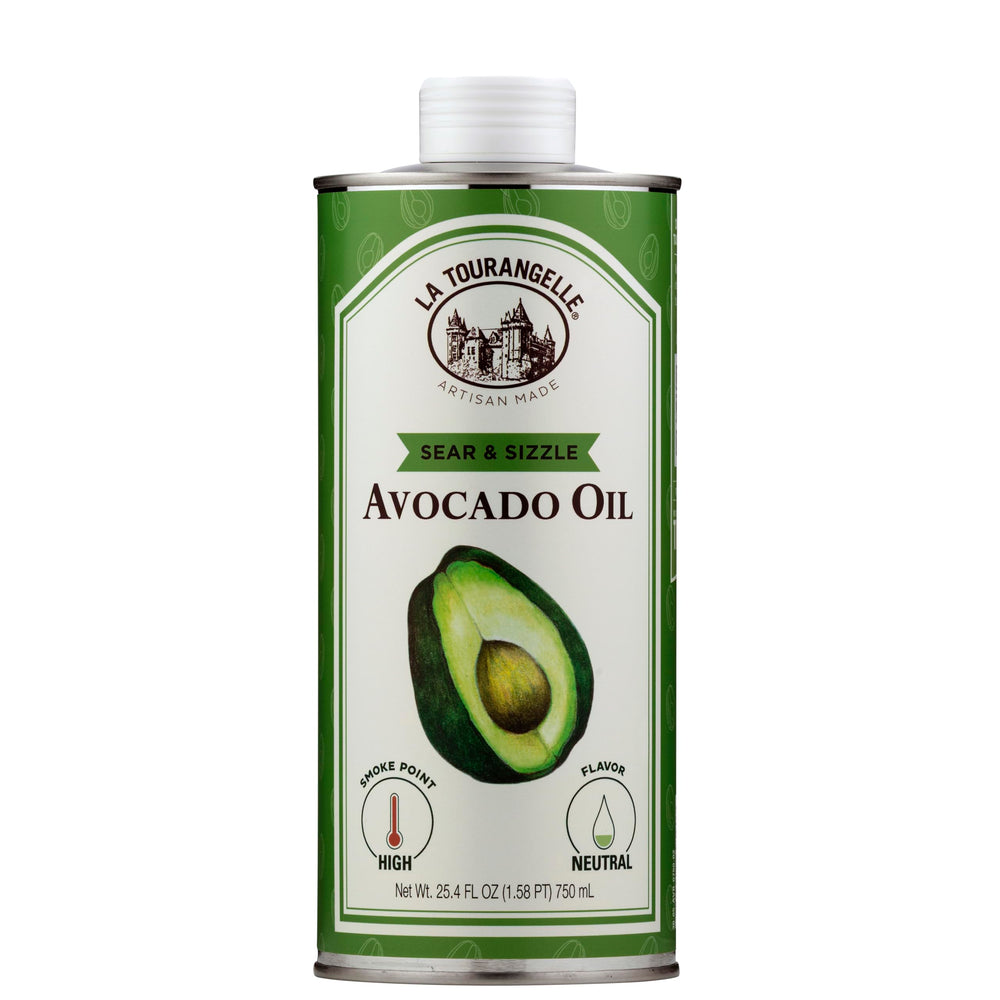 La Tourangelle Sear & Sizzle avocado oil bottle pour for high-heat cooking and searing.