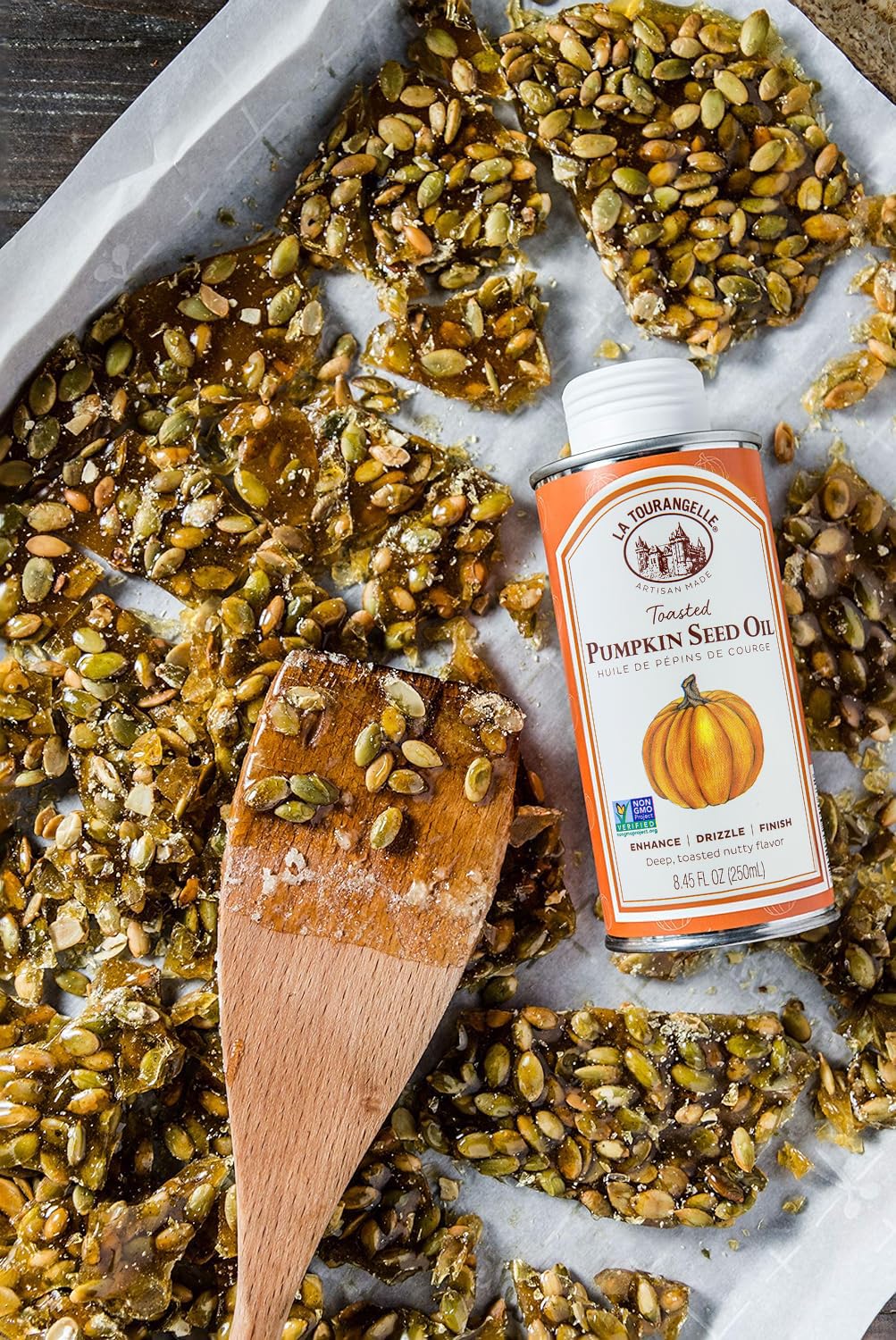La Tourangelle Toasted Pumpkin Seed Oil dressing gloss on a plate