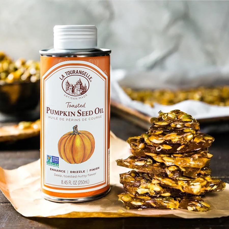 La Tourangelle Toasted Pumpkin Seed Oil tin packaging stored in a pantry
