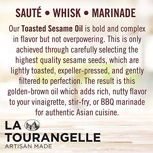 La Tourangelle toasted sesame oil jar-on-shelf highlights natural, sustainable pantry staple.