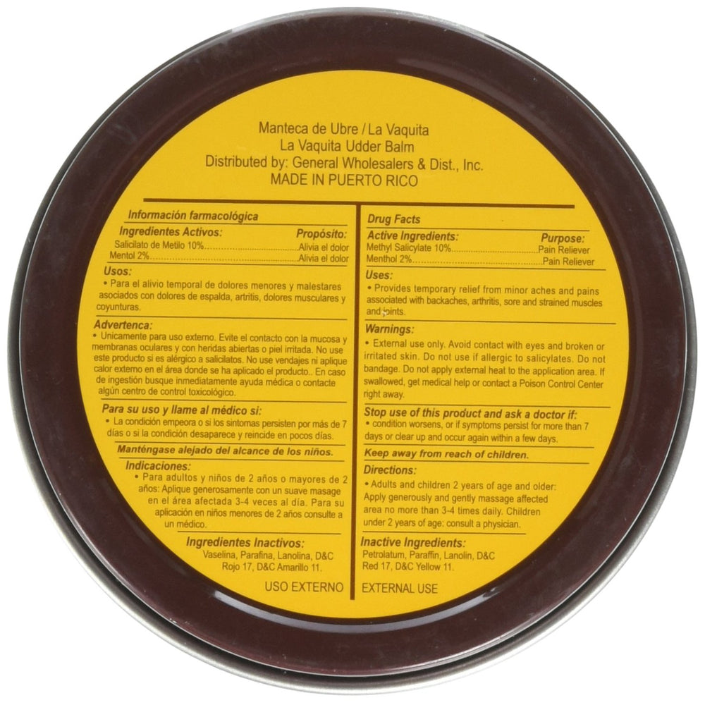 La Vaquita udder balm tin back with ingredients and safe-use guidance.