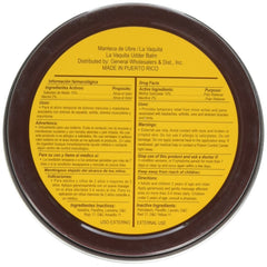 La Vaquita udder balm tin back with ingredients and safe-use guidance.
