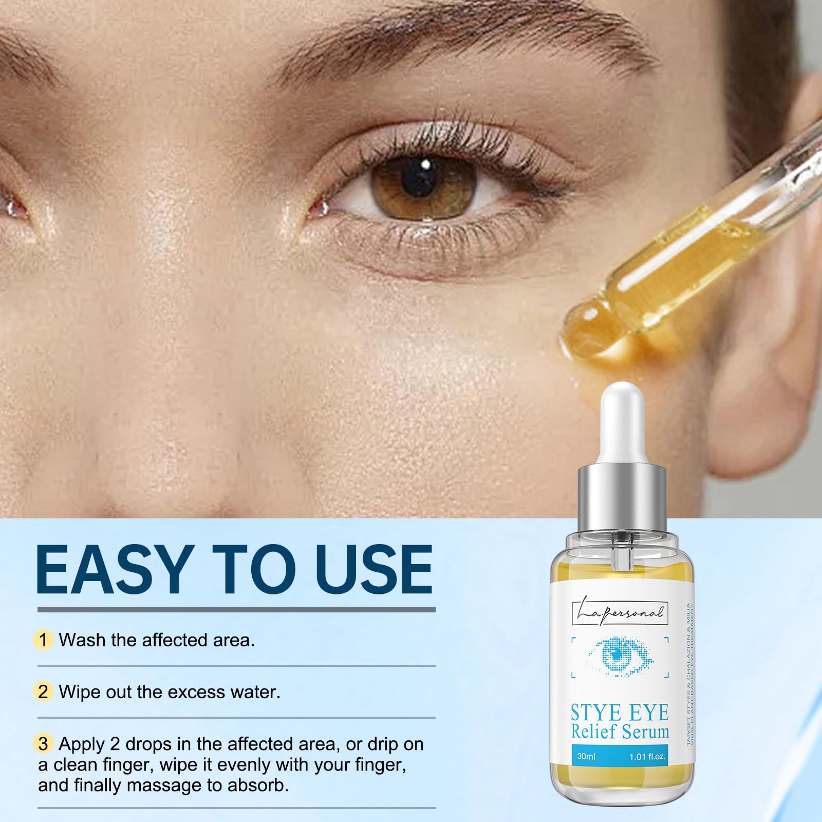 LA.PERSONAL eyelid comfort application shows easy two-drop use.