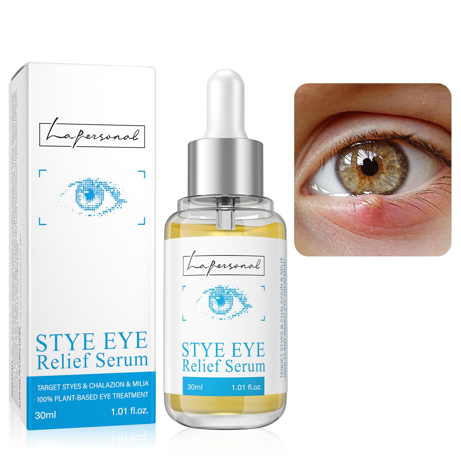 LA.PERSONAL Stye Eye Relief Serum bottle pour for precise application and calming relief.