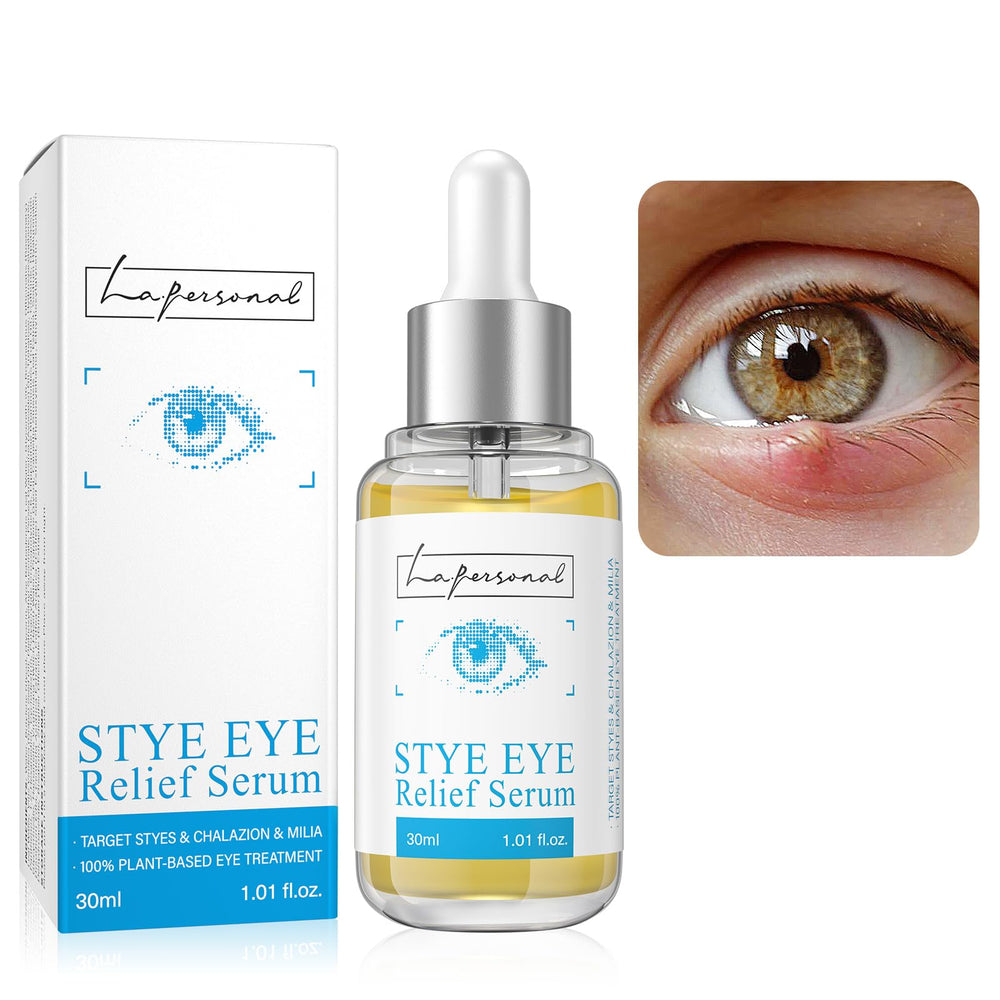 LA.PERSONAL Stye Eye Relief Serum bottle pour for precise application and calming relief.