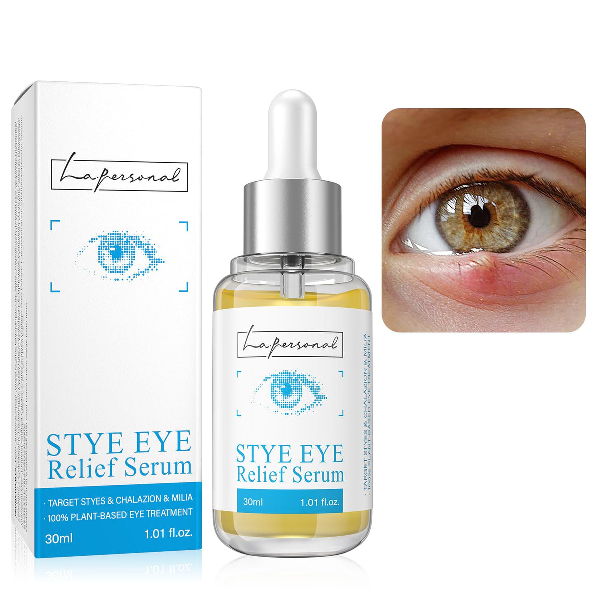 LA.PERSONAL Stye Eye Relief Serum bottle pour for precise application and calming relief.