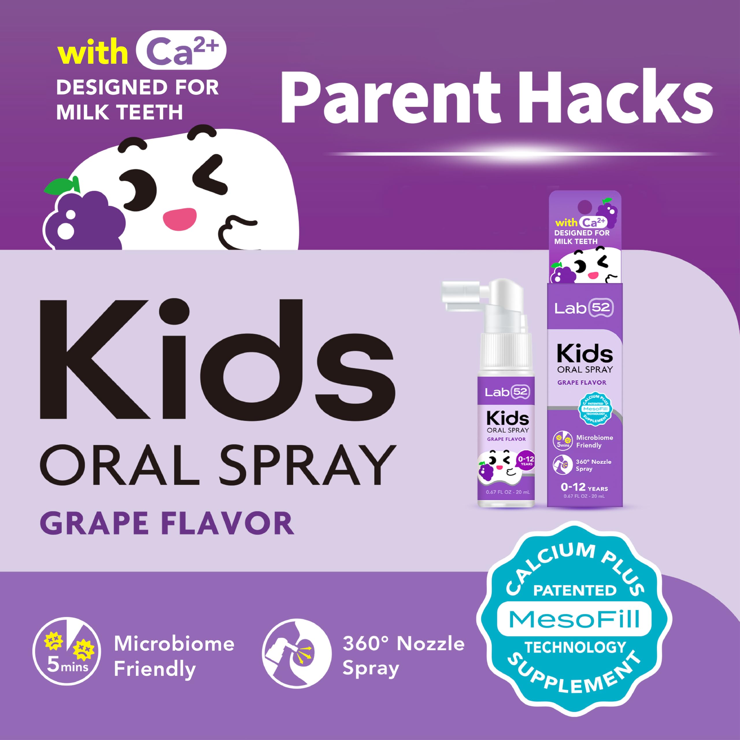 LAB52 Kids Oral Spray makes brushing fun with grape flavor reward.