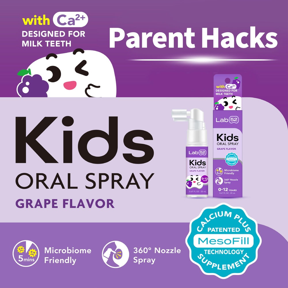 LAB52 Kids Oral Spray makes brushing fun with grape flavor reward.
