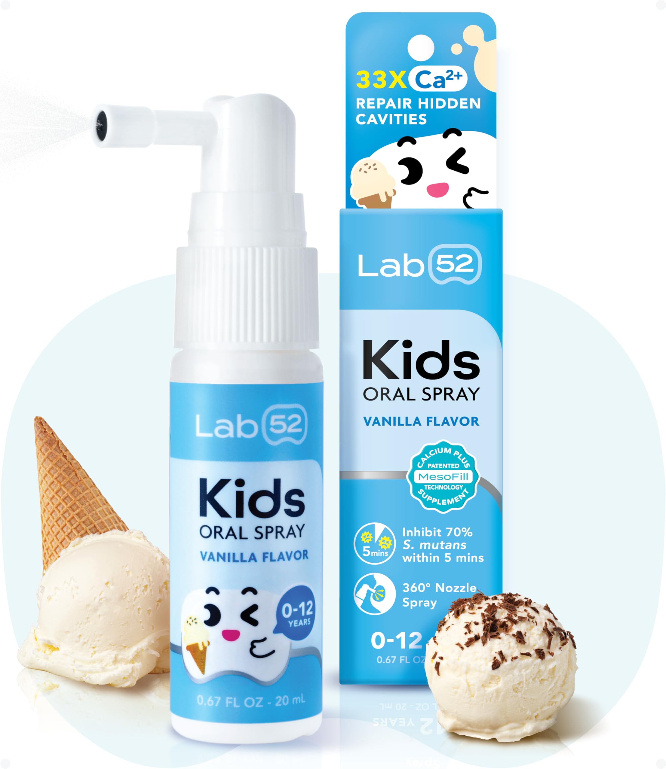 LAB52 Kids Oral Spray vanilla bottle closeup showing fluoride-free formula for toddlers