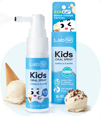 LAB52 Kids Oral Spray vanilla bottle closeup showing fluoride-free formula for toddlers
