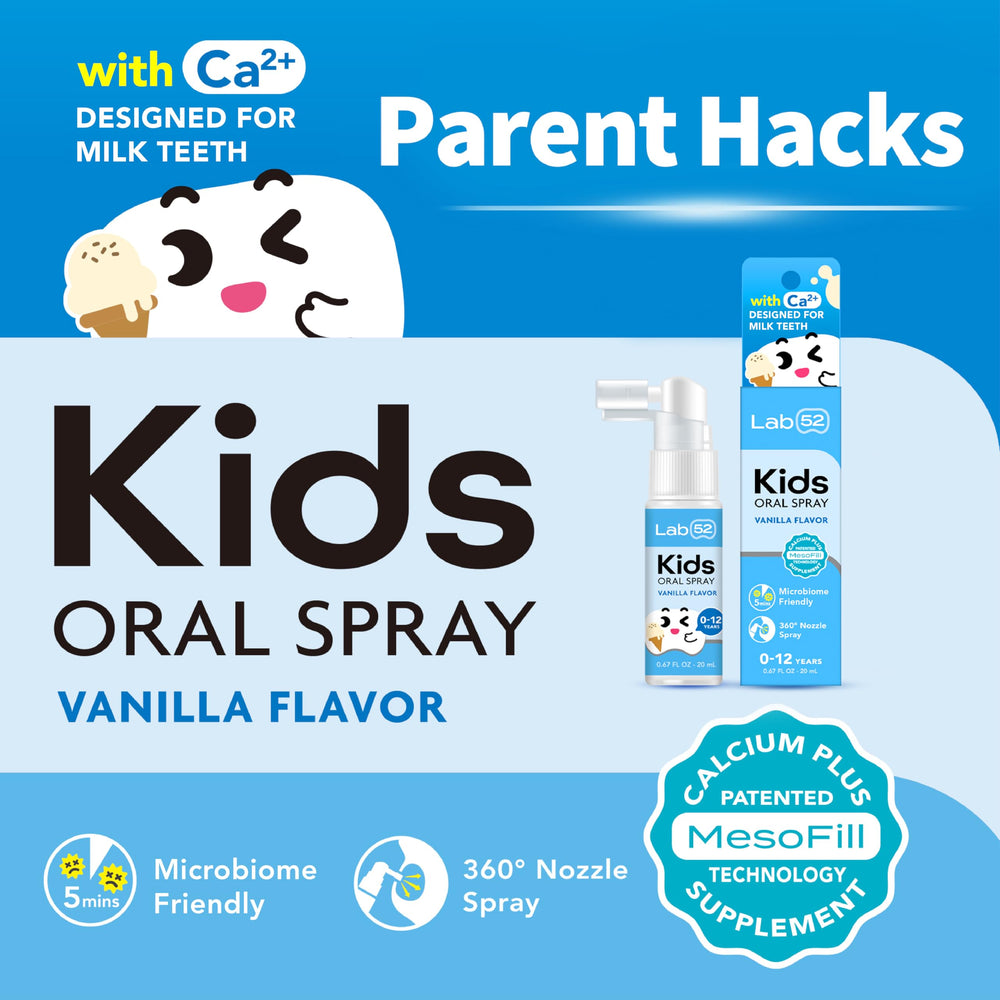 LAB52 Kids Oral Spray bottle label shows fluoride-free formula and xylitol