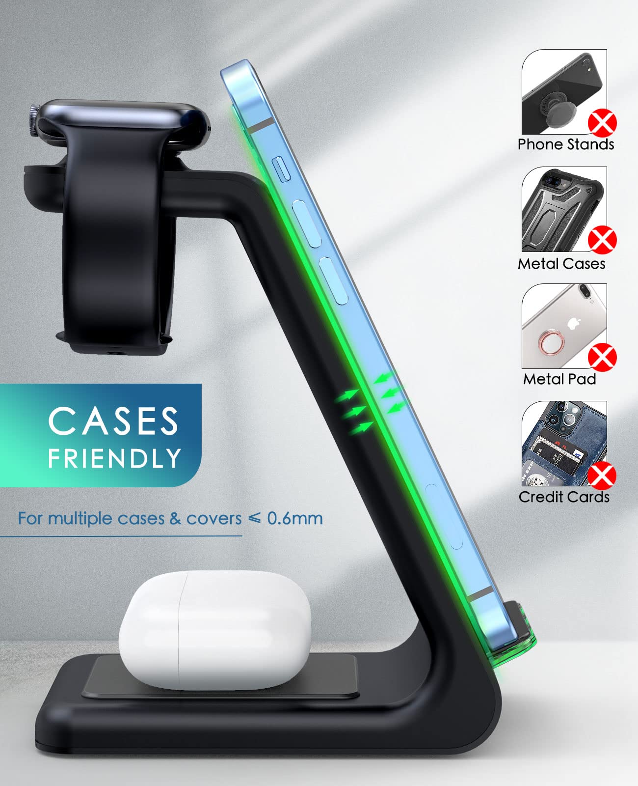 LABJOB iphone watch airpods alignment demonstrates all-in-one charging on desk