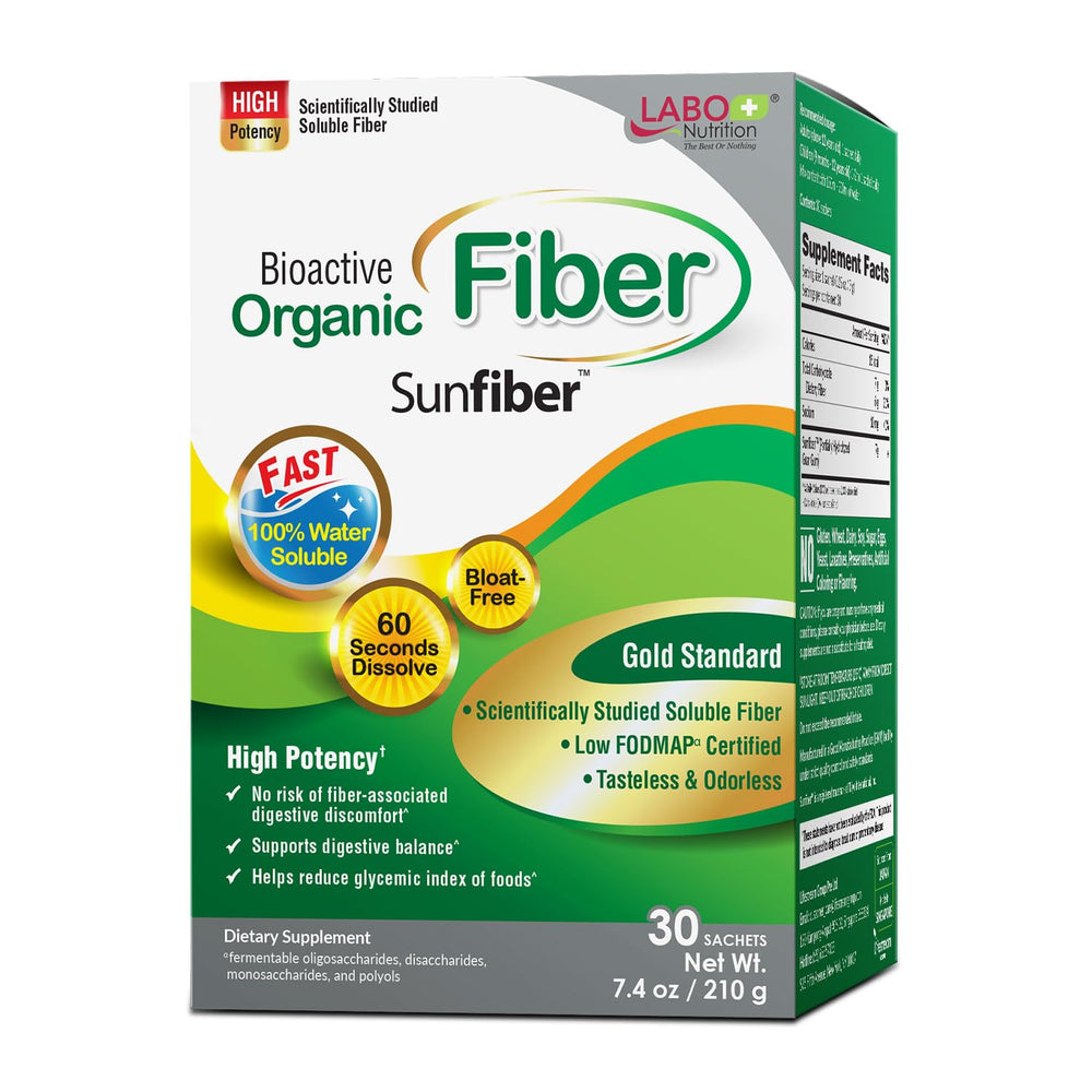 LABO Nutrition Bioactive Organic Fiber Sunfiber PHGG powder in a jar for everyday digestive support.
