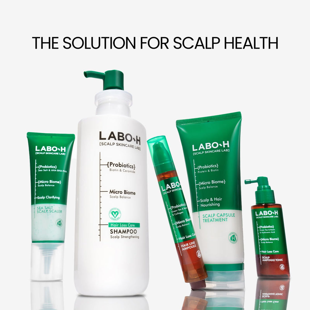 LABO-H biotin and ceramide close-up emphasizing scalp hydration benefits.