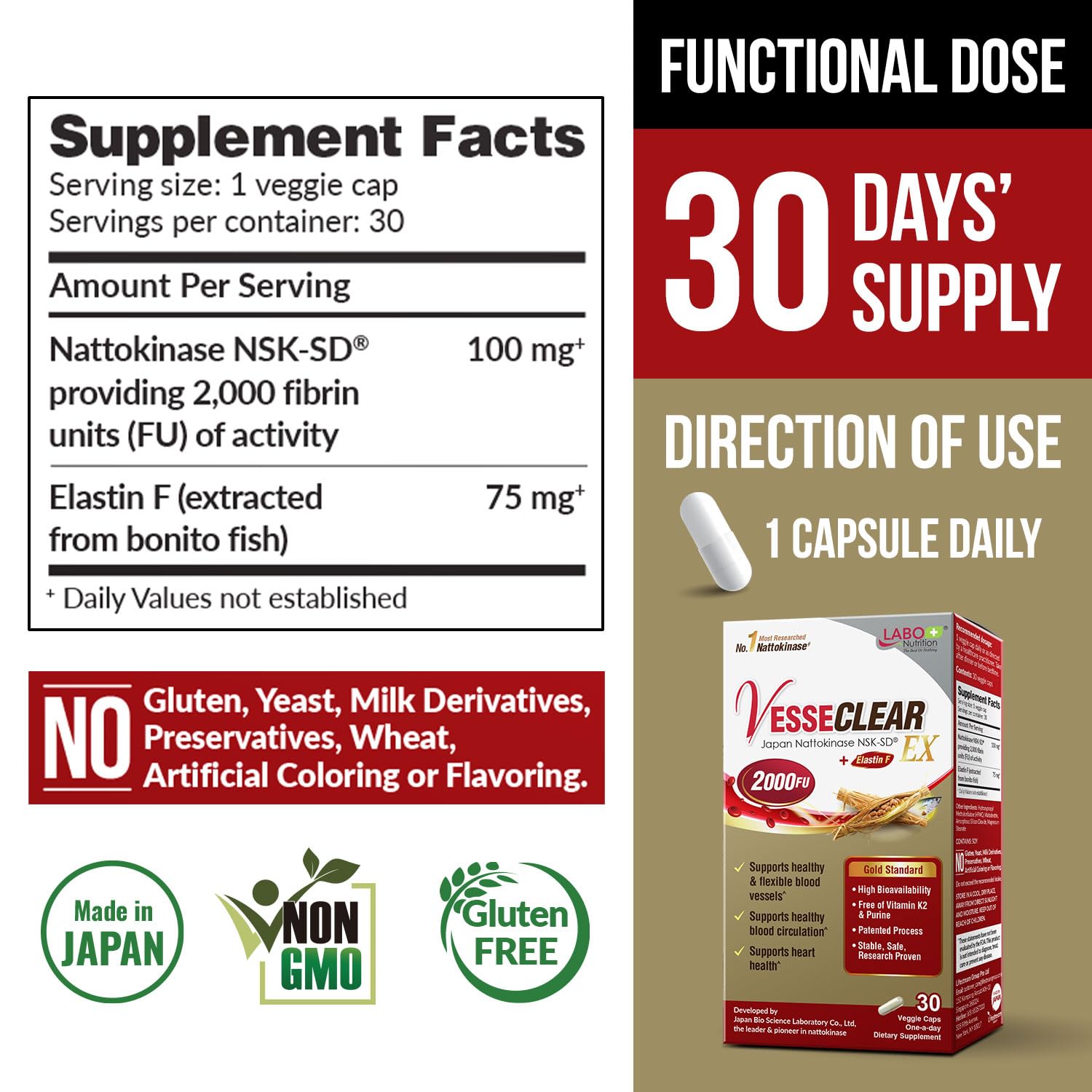 LABO Nutrition Elastin-F supports artery elasticity for healthier blood vessels.