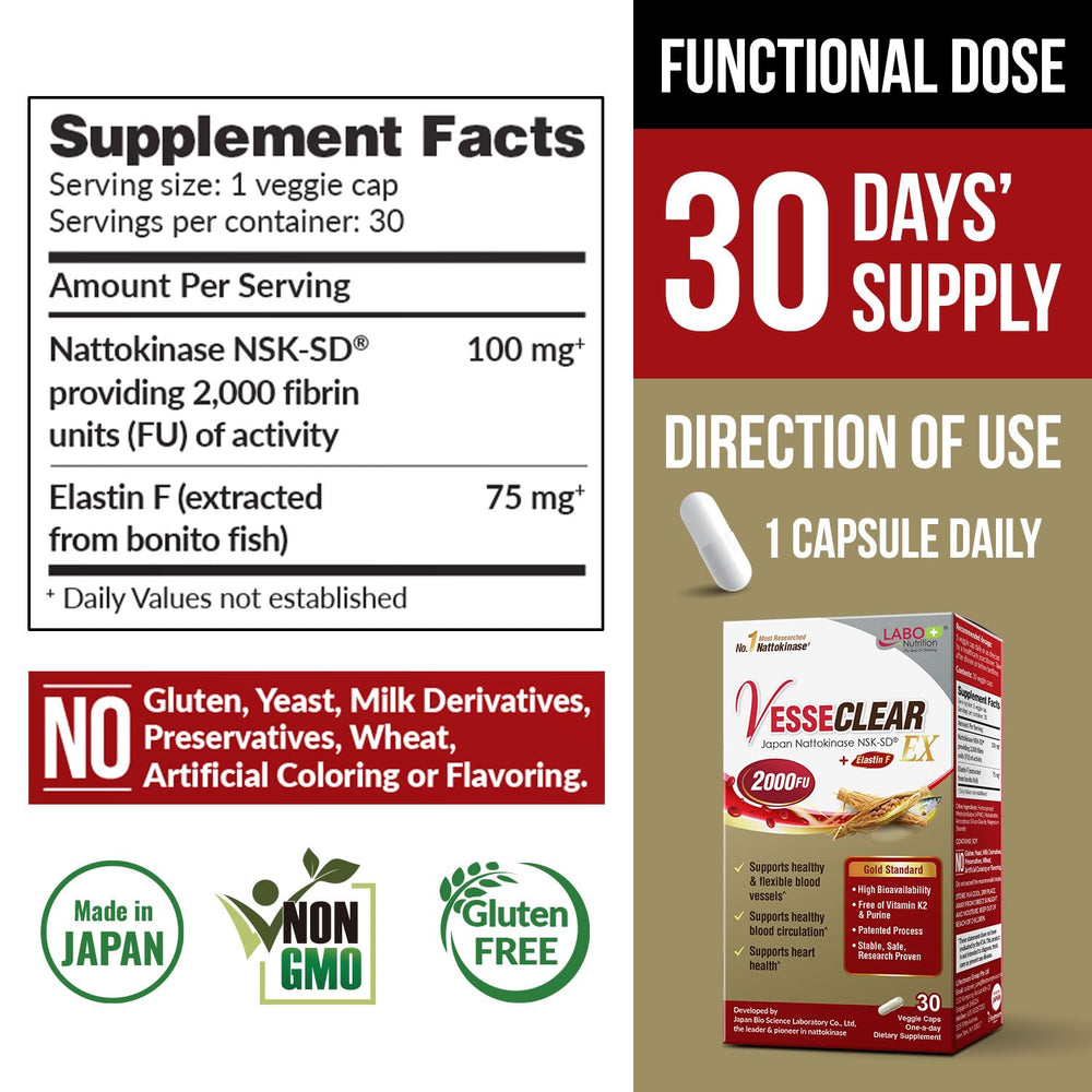 LABO Nutrition Elastin-F supports artery elasticity for healthier blood vessels.