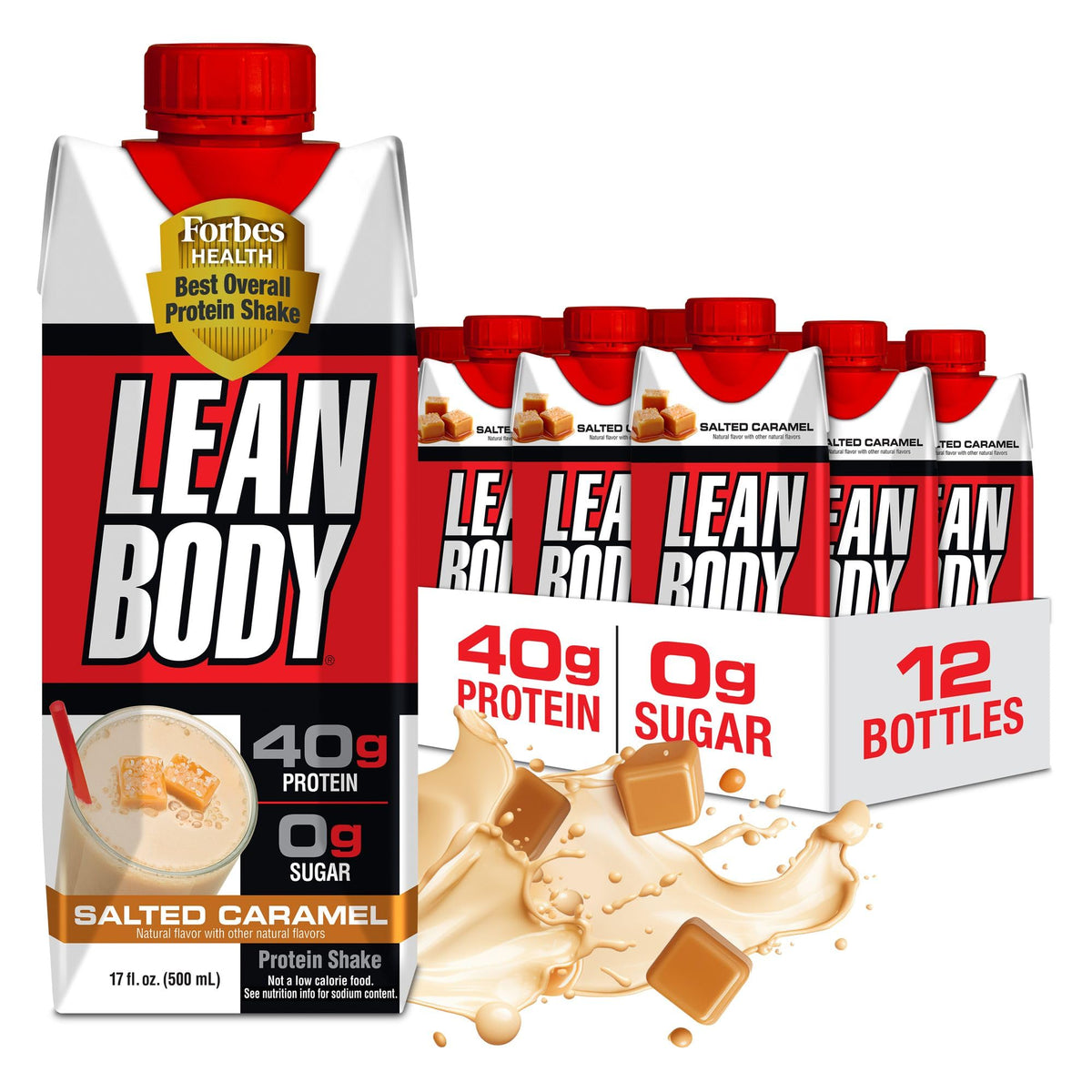 Labrada Lean Body RTD salted caramel bottle pour shows creamy protein on the go.