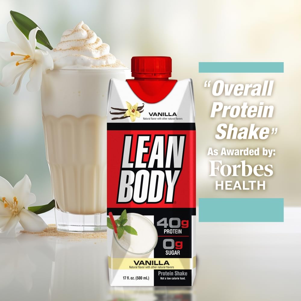 Labrada Lean Body Vanilla RTD poured into a glass with a creamy texture.