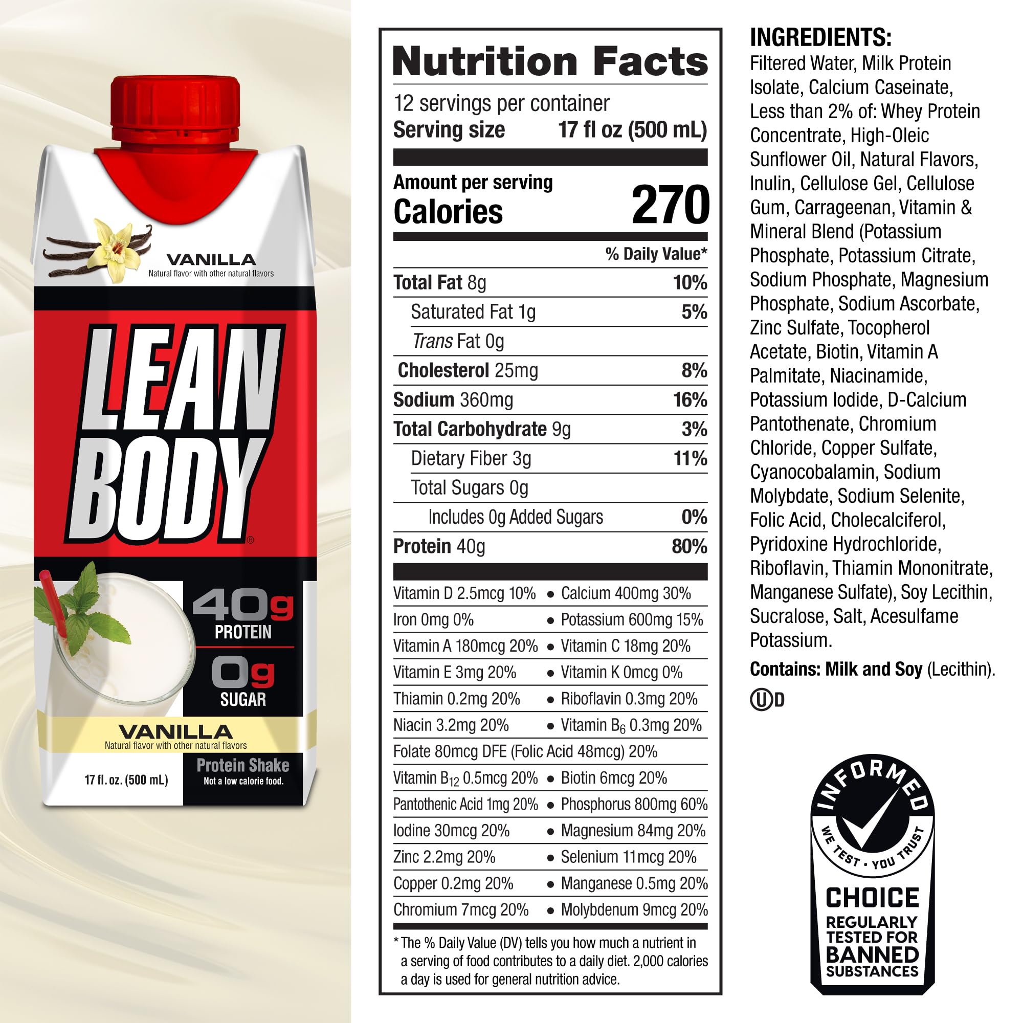 Chilled Labrada Lean Body Vanilla shake in a glass for a refreshing breakfast.