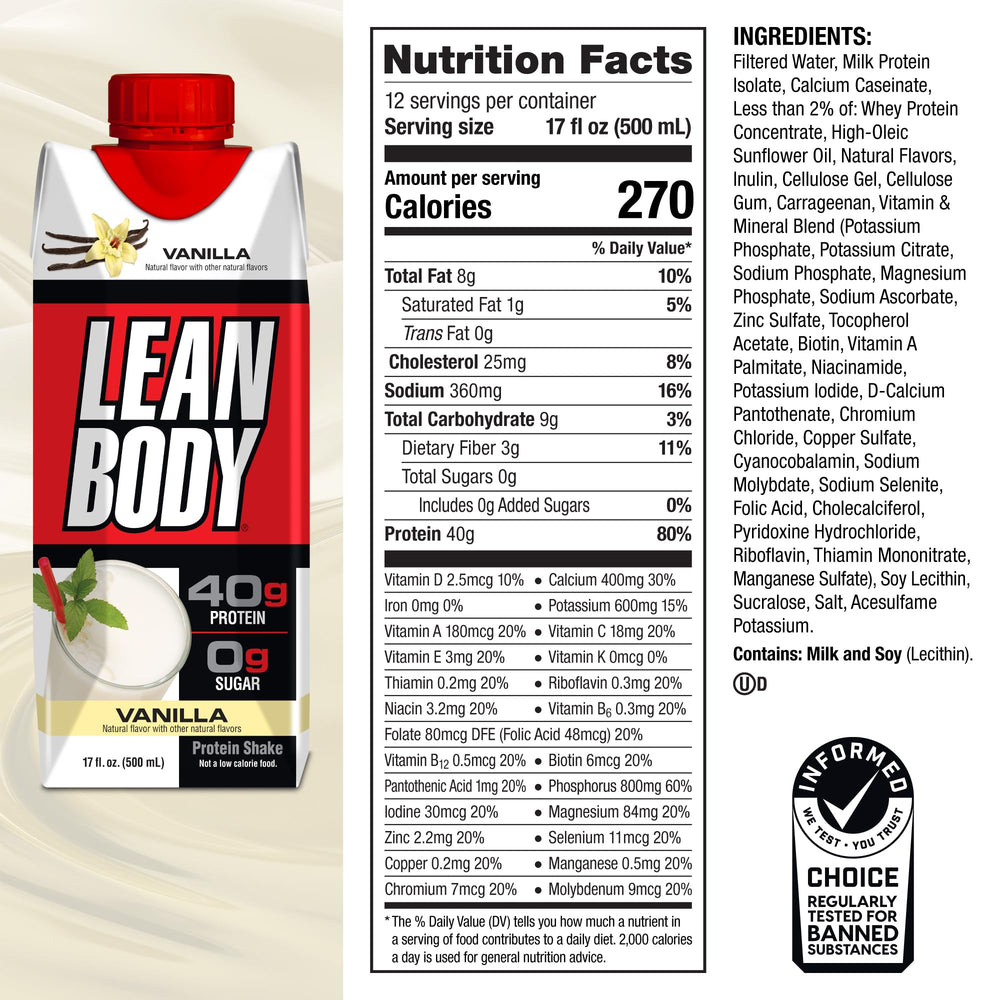 Chilled Labrada Lean Body Vanilla shake in a glass for a refreshing breakfast.
