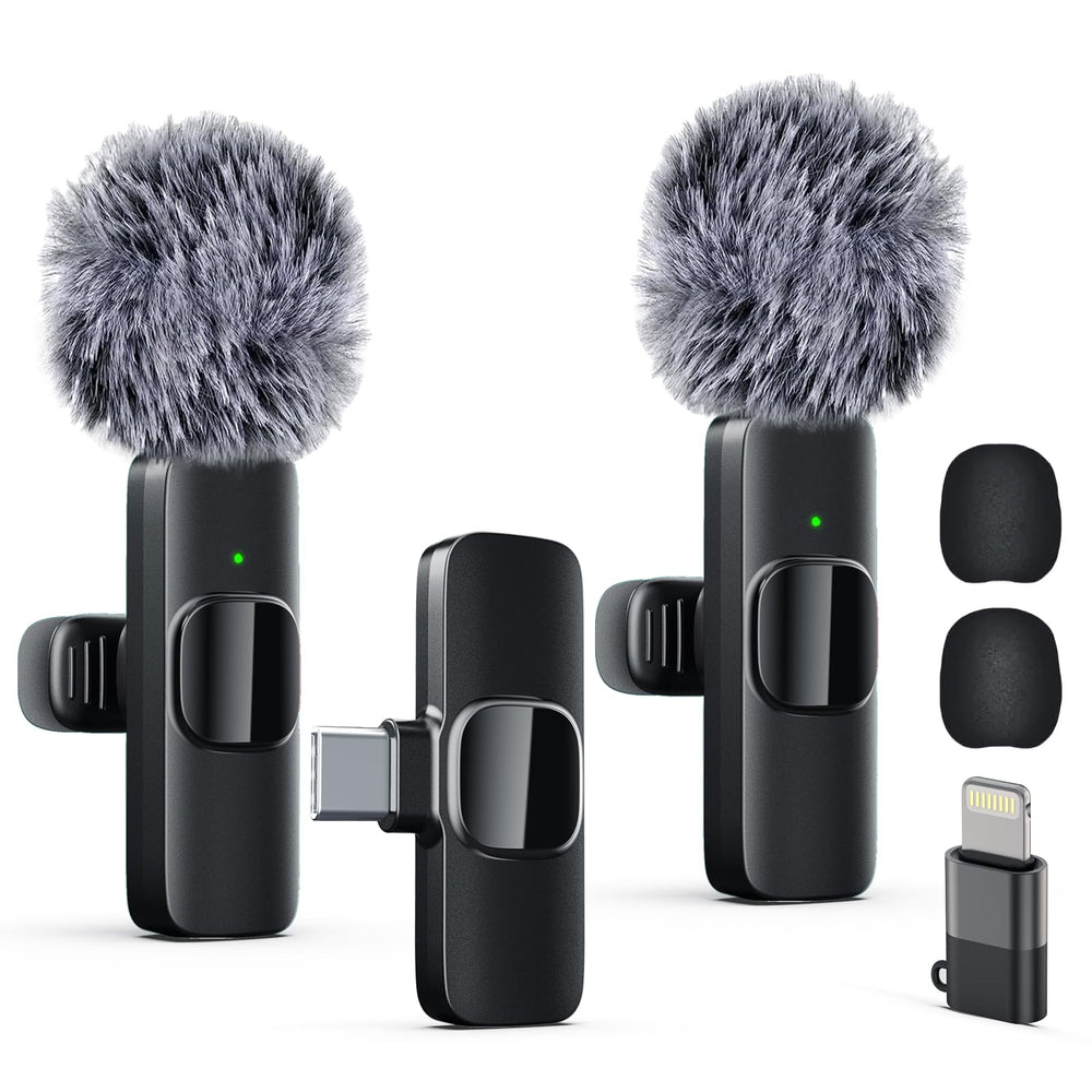 Labstandard dual wireless lavalier mics with real-time sync for iPhone and iPad, delivering crisp dialogue.